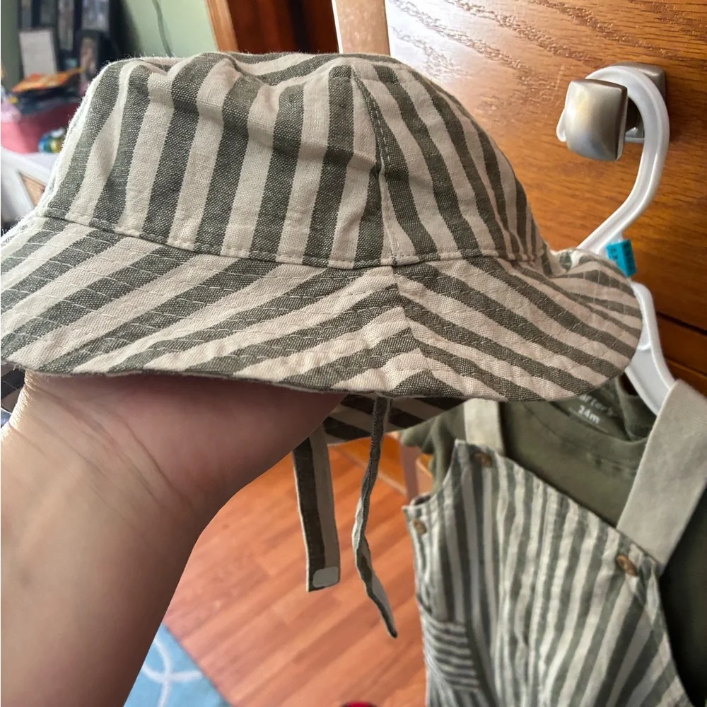 Carter's Green and Tan Striped Overall Outfit with bucket hat